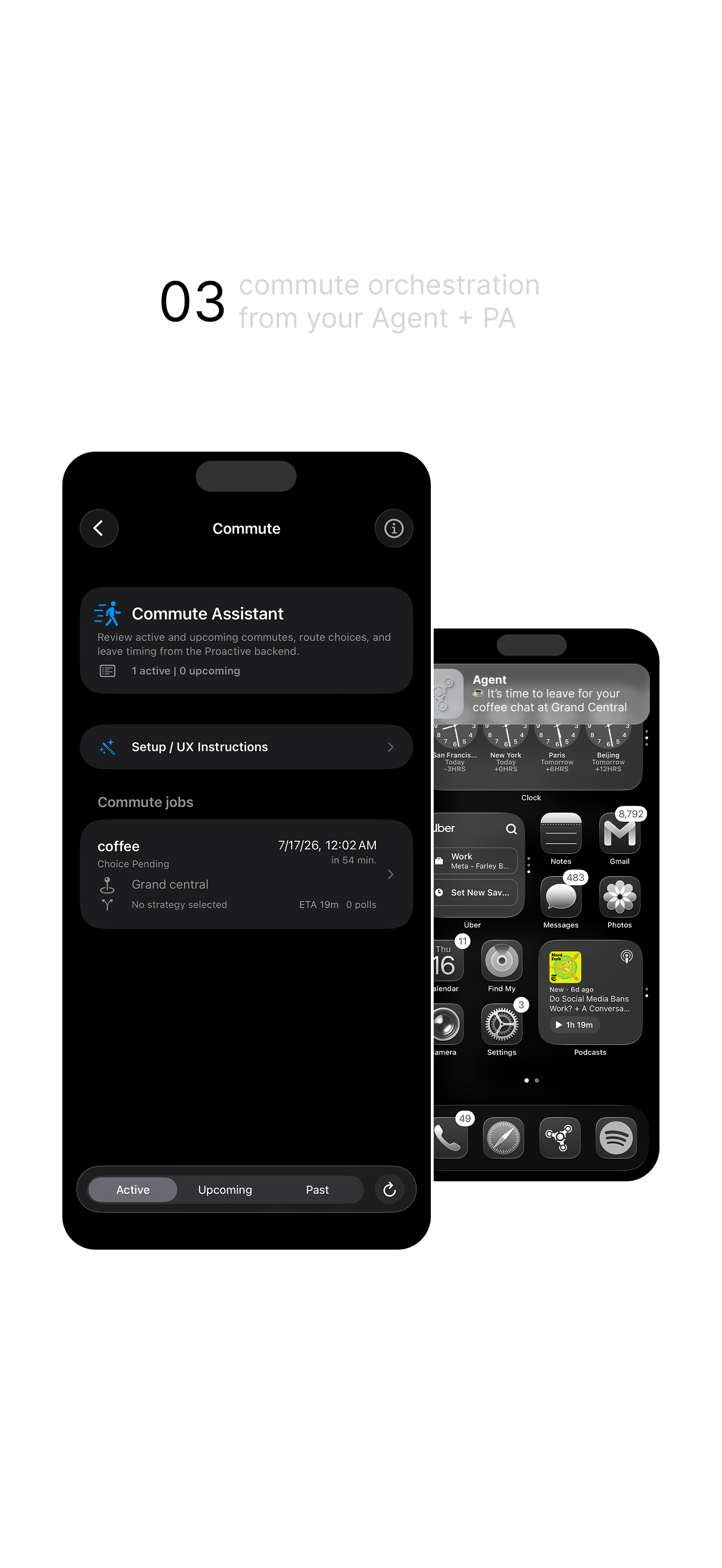 PA Commute Assistant showing an upcoming coffee commute and a leave-time notification on iPhone